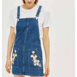 Topshop denim overall dress with embroidery